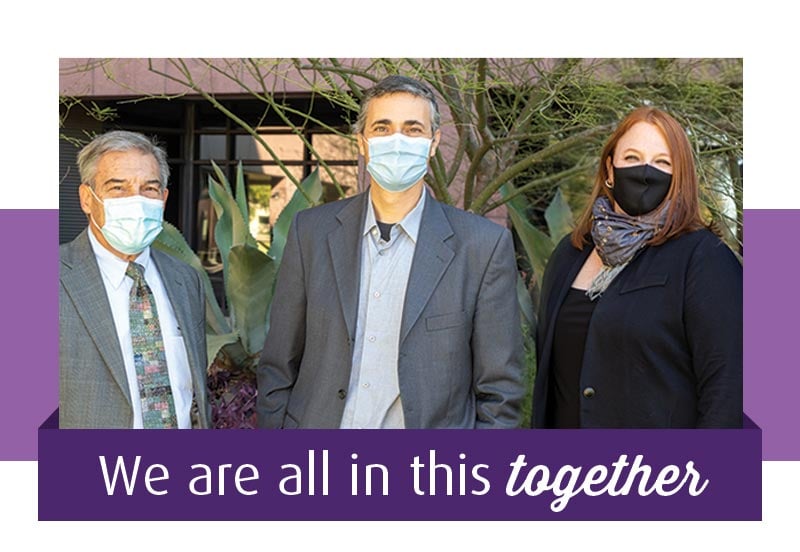 Katherine Henry, Norman Chenven, and Anas Daghestani with face masks for Covid-19