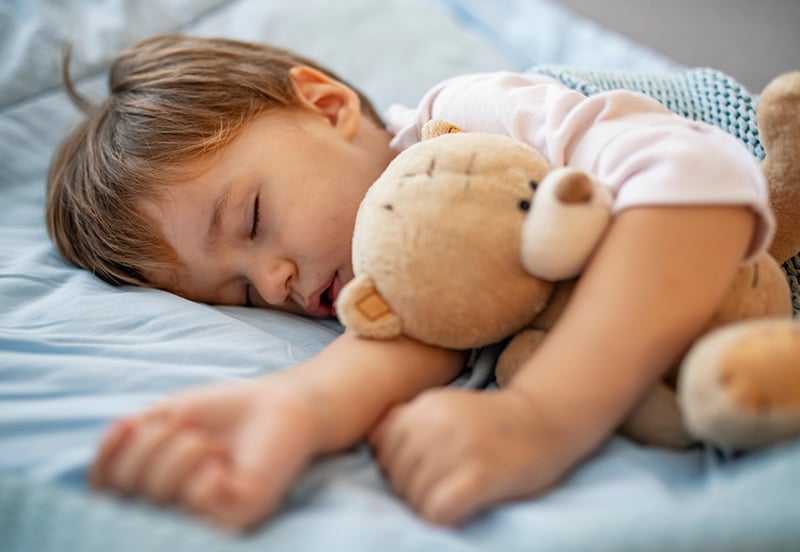Young child sleeping with a teddy bear